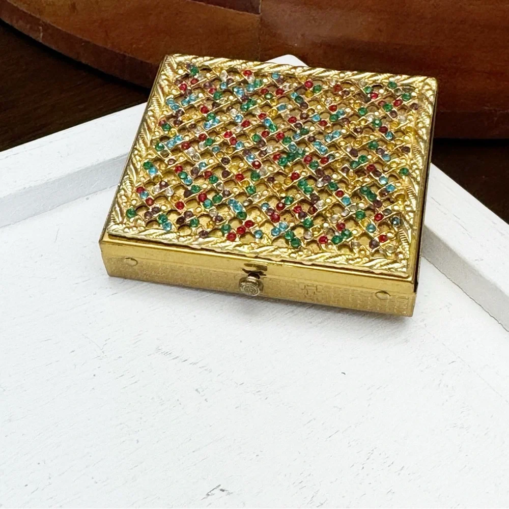 Vintage 1950s Dorset Fifth Ave Multicolor Rhinestone Compact Goldtone